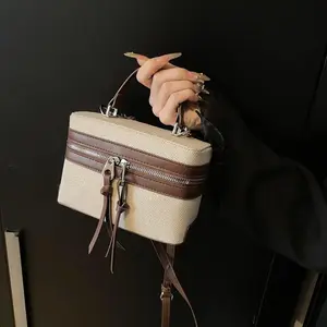 Spring and summer new high-end sense weaving contrasting color splicing box bag versatile portable shoulder messenger women's bag