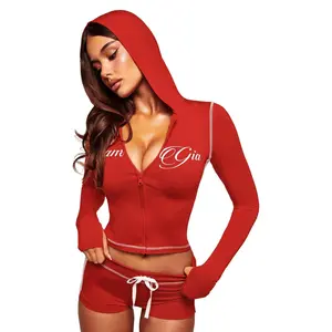 European and American foreign trade explosion sports style casual letter printing zipper hooded top top strap shorts suit women