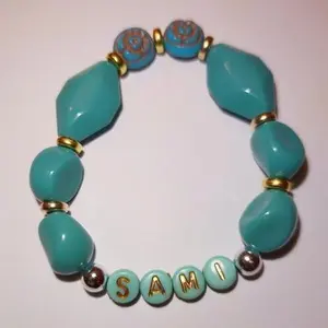 Green Rose Beaded Bracelet with Turquoise Oval Round Faceted Geometric & Swirl Patterned Beads 7-7.5 Inches Length Elegant Versatile Design