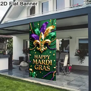2D flat banner, 1pcMardi Gras Fleur-de-Lis Backdrop, Golden Feather Beaded Chain Party Decor for Carnival Celebration with Green & Purple Accents, Happy Mardi Gras Bannergalentines party decor, valentine day decor, decorations for valentines day