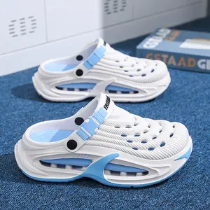 Men's slip-on half-slide slippers, lightweight and breathable, designed for casual comfort with a versatile and minimalist style. Suitable for beach outings, camping, vacations and travel. Available in trendy colors: white-blue and black.