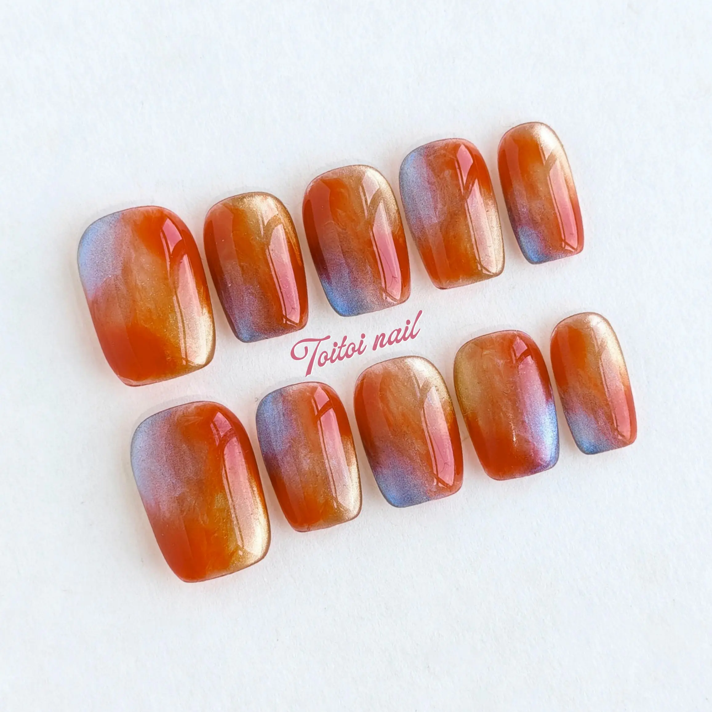 Sunset Gilded Handmade Press-On Acrylic Nails, Square Fake Nails, Short Square Shape, 10pcs, Gradient Style, Orange Gold & Iridescent Shimmer Finish, Gloss Mirror Effect, Reusable DIY Nail Set for Spring, Timeless Look