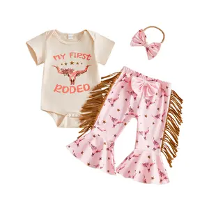 Canrulo My First Rodeo Baby Girl Outfit Newborn Summer Cowgirl Western Clothes Short Sleeve Romper Bell Bottom Pants 3Pcs Set