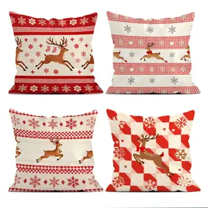 4pcs Vintage Check Christmas Reindeer Pattern Cushion Covers for Living Room and Bedroom Decorative Home Decor All Seasons, Single-Sided Print Cushions (no Insert)
