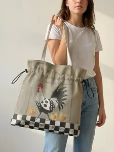 Rooster Pattern 2D Printed Drawstring Stylish Tote Bag, Large Capacity Shopping Bag, Durable and Wear-Resistant, Ideal for Work, Shopping, Picnic