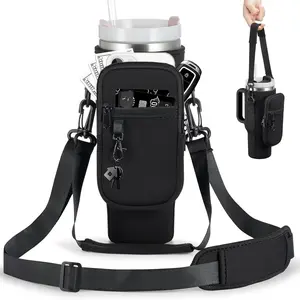 Water Bottle Carrier Bag with Phone Pocket for Stanley 40 & 30 oz Tumbler with Handle,Pink Insulated Neoprene Cup Holder Pouch w/Adjustable Strap for Quencher H2.0 Stanley Cup Accessories