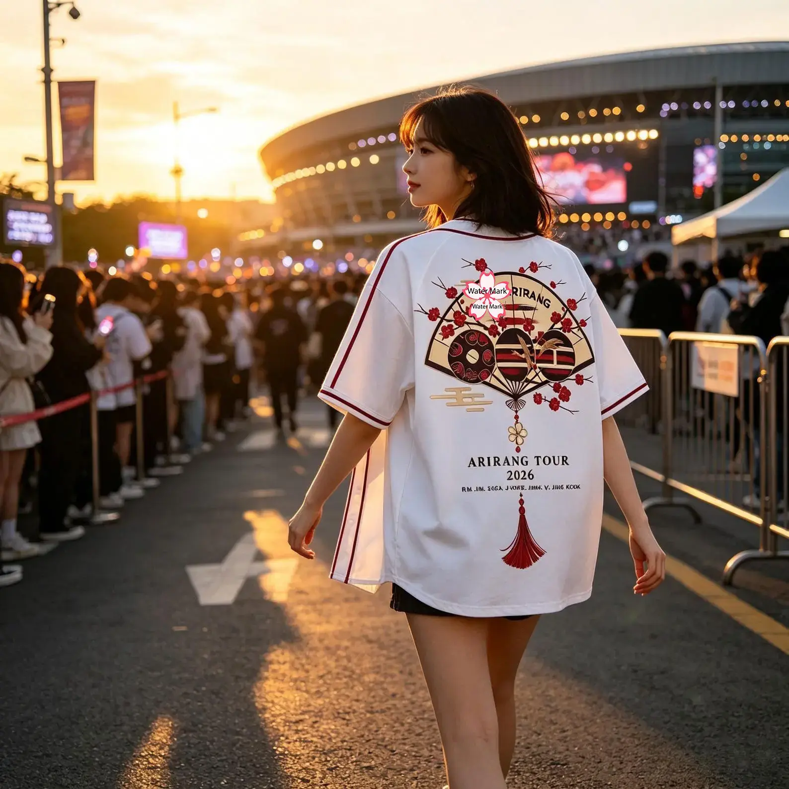 Oversized White Cherry Blossom Baseball Jersey Shirt, ARMY Concert Outfit 2026 World Tour Fan Graphic Short Sleeve Button Down Top Women Men