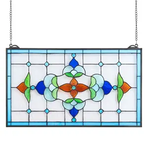VEVOR Stained Glass Window Panel, 32x 17 in, Tiffany Style Hanging Transom Window Panel with Chain, Large Horizontal Rectangle Stain Glass, Vintage Traditional Art Handcrafts for Kitchen Home Decor