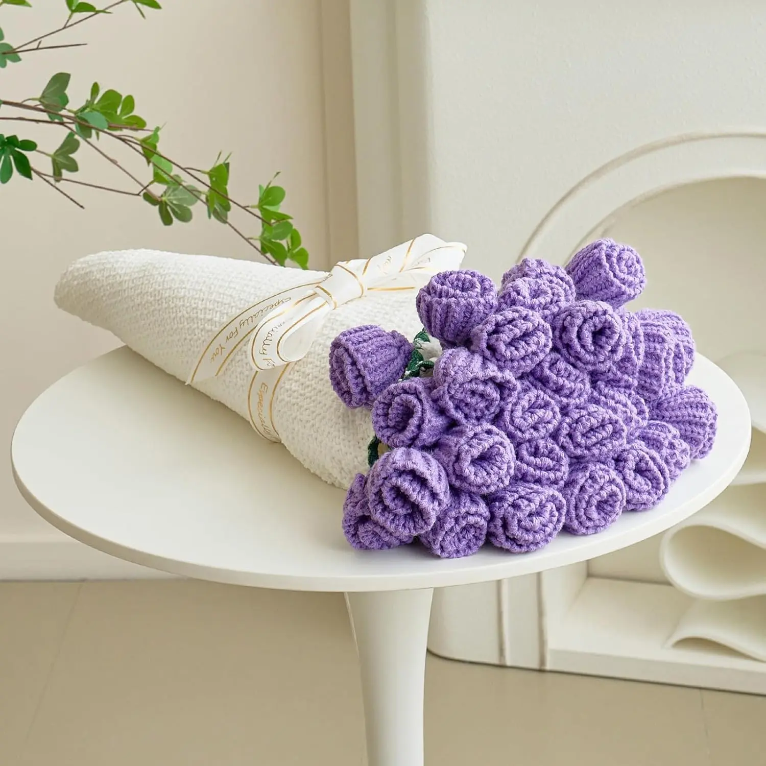 Crochet Flower Bouquet Throw Blanket, Handmade Knitted Blanket with Tulip, Cute Romantic Gift for Her Girlfriend Mom Mother’s Day Valentine Wedding Anniversary Birthday, Purple 60 Inches