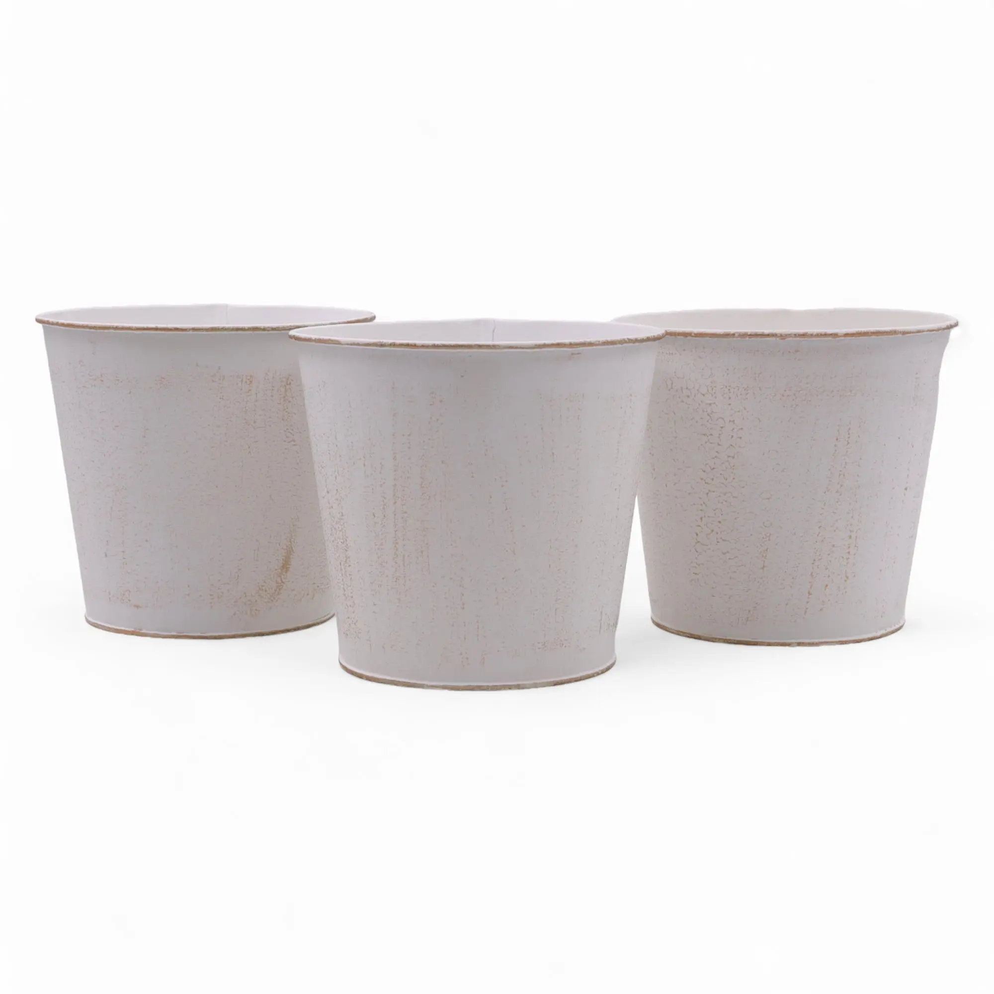 Set of 3 White Wash Finish Buckets/Pots with a PVC Liner for Floral Arrangements Greenery Decor Indoor Outdoor Use