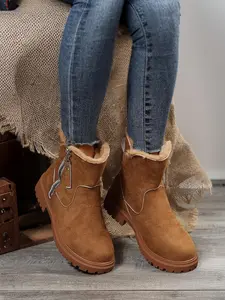 Size Runs Small, Size up1-1.5 size Women's Fashionable Patched Design Zipper Boots, Casual Warm Snow Boots for Winter, Female All-match Round Toe Shoes for Daily Wear, Patchwork Design Boots