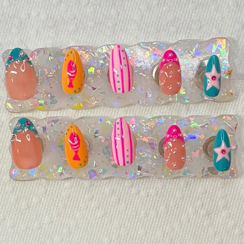 Beachy Orange, Pink and Teal Handmade Press On Nails with pearls and Rhinestone Accents