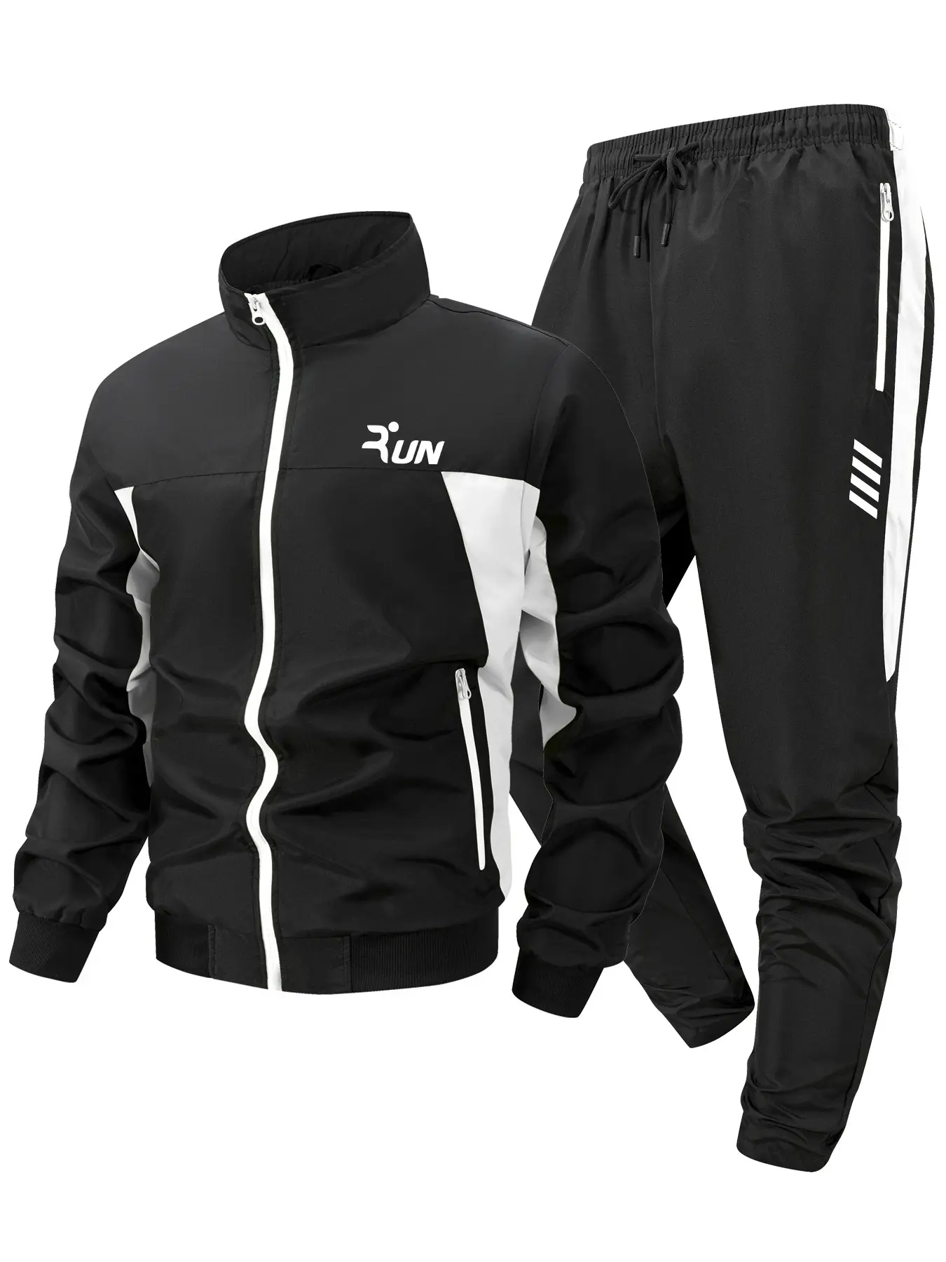 Run Letter Print Colorblock Patchwork Tracksuit for Men, Spring & Fall Quick-Dry Breathable Sports Set, Sportswear Set, Windproof Stand Collar Long Sleeve Zip Up Jacket + Drawstring Elastic Waist Pants with Zipper Pockets