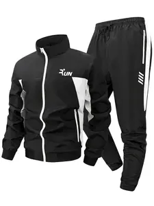 Run Letter Print Colorblock Patchwork Tracksuit for Men, Spring & Fall Quick-Dry Breathable Sports Set, Sportswear Set, Windproof Stand Collar Long Sleeve Zip Up Jacket + Drawstring Elastic Waist Pants with Zipper Pockets