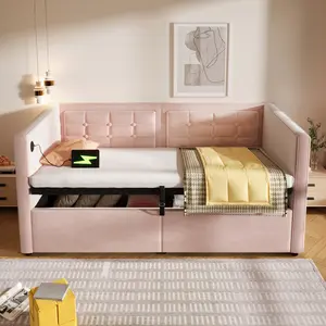 Bellemave Upholstered Twin Size Daybed with Hydraulic Storage USB & Type-C Charging Pink Velvet Bed Frame with Wooden Slats and Tufted Sofa Back N736P.303402P