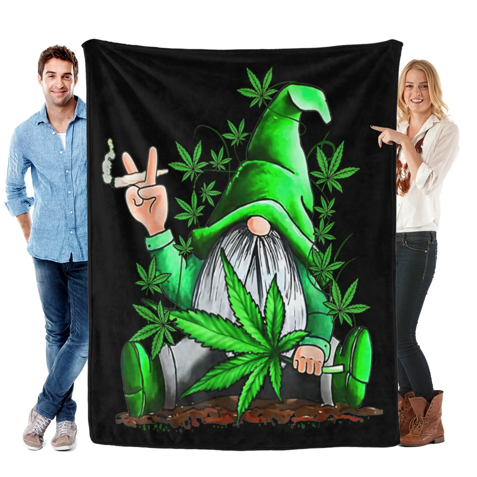 Marijuana Leaf Gnome Cozy Flannel Blanket - Cannabis Culture Soft Throw - Super Soft Plush Gifts for Gnome & Cannabis Fans