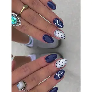 24pcs/Set Minimalist Style Medium Oval Press-On Nails, Vintage Navy Blue Polka Dot & Bow Design, Suitable For Girls And Women For Daily Dates And Parties