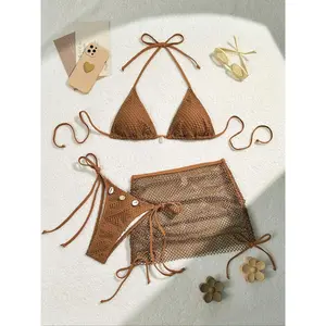 Women's Three-Piece Bikini Set, Bathing Suit, Triangle Swim Bra & Swim Panty & Fishnet Cover Up Skirt, Women's Summer Swimwear, Beachwear, Swimsuit, Swimsuit For Beach