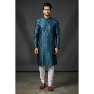 Blue Men's Jacquard Kurta, Contemporary Fashion Versatile Modest Islamic Koko Top, Versatile Clothing