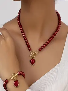 Elegant 2-Piece Imitation Pearl Jewelry Set, Heart-Shaped Pendant and Fashion Bead Necklace with Bracelet, Perfect for Vacation Accessories