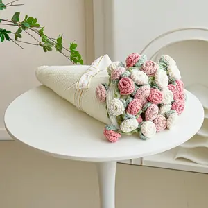 Crochet Flower Bouquet Throw Blanket, Handmade Knitted Blanket with Rose Flowers, Cute Romantic Gift for Her Girlfriend Mom Mother’s Day Valentine Wedding Anniversary Birthday, Pink and White