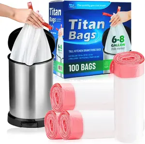 6 Gallon Drawstring Trash Bags - 100 Count, Strong White Garbage Bags for Kitchen, Bathroom, and Office Trash Cans, Fits 6-7 Gallon Bins degradable