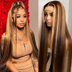 【30 Inch Only $109】Ombre Lace Front Wig Human Hair 13x6 Straight Highlight Wig Human Hair 200% Density 4/27 Colored Honey Blonde HD Lace Frontal Wigs For Women Glueless Pre Plucked with Baby Hair