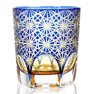 Handmade Edo Kiriko Daisy Whiskey Glass, 8.5Oz Lead-Free Crystal Tumbler, Japanese Traditional Hand-Cut Floral Pattern Drinking Cup for Whiskey/Bourbon/Sake, Premium Gift for Men/Women (Blue)