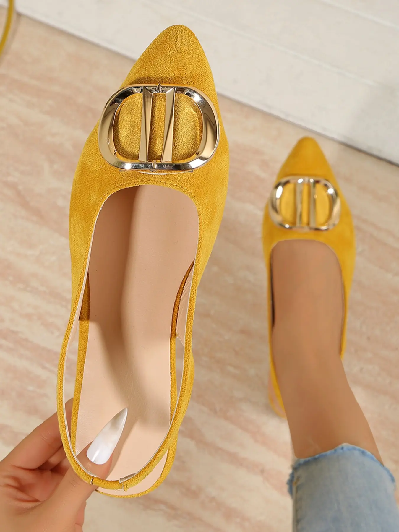 Women's Pointed-Toe Slingback Suede Flats - Mustard Yellow Mules with Metallic Buckle for Work & Daily Wear Summer Footwear