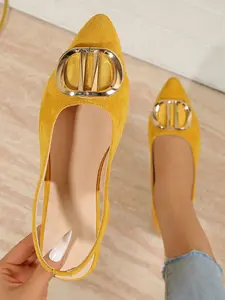 Women's Pointed-Toe Slingback Suede Flats - Mustard Yellow Mules with Metallic Buckle for Work & Daily Wear Summer Footwear