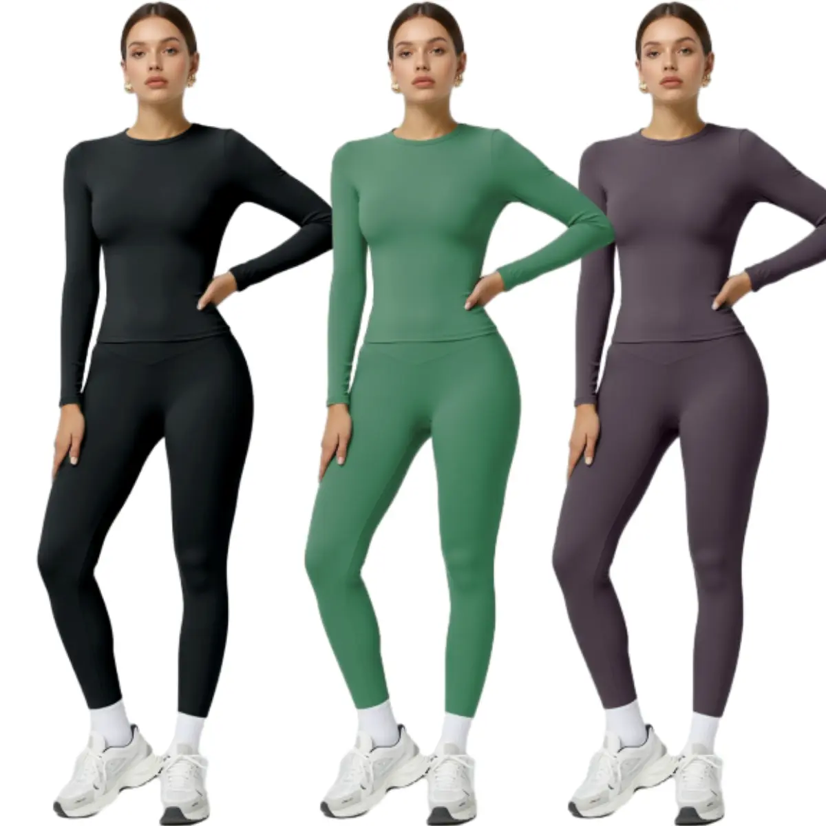 2-Piece Brushed Long-Sleeve & High-Waist Leggings Set , 4-Way Stretch, Waist-Shaping | Yoga, Gym, Athleisure Fitness Compression Clothing Exercise Activewear