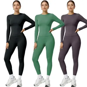 2-Piece Brushed Long-Sleeve & High-Waist Leggings Set , 4-Way Stretch, Waist-Shaping | Yoga, Gym, Athleisure Fitness Compression Clothing Exercise Activewear