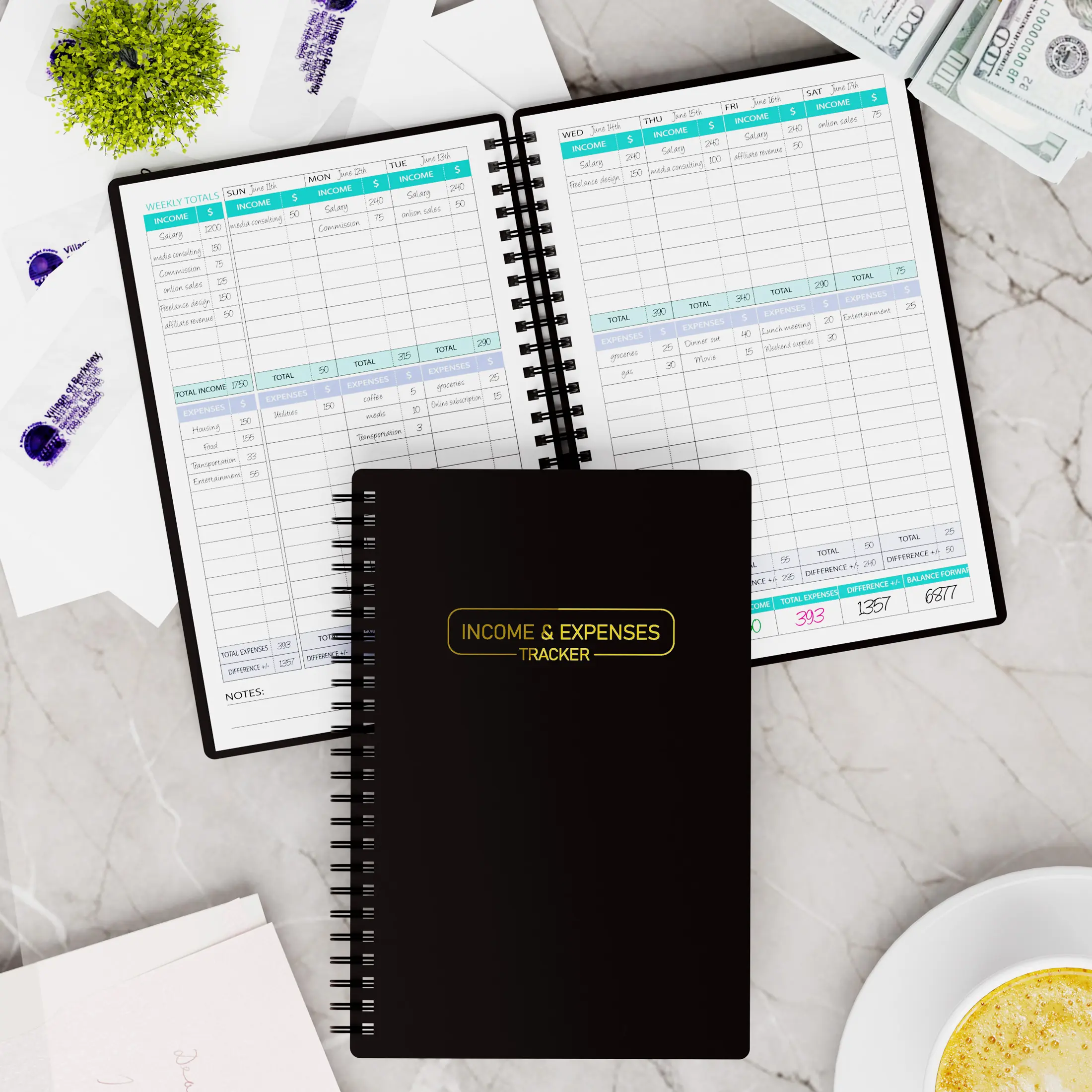 A5 Income Expense Tracker Notebook, Minimalist Accounting Supplies, Twin-Wire Binding, Waterproof Cover, Round Edges, Weekly-Yearly Budget Log for Small Business Bookkeeping & Office Financial Management