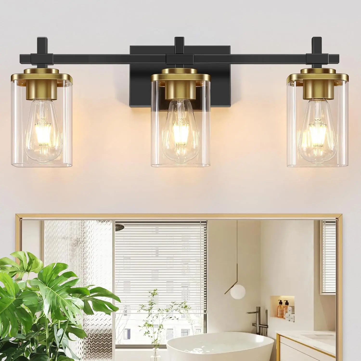 3-Lights Black and  Bathroom Light Fixtures Over Mirror, Modern Brushed  Vanity Lights for Bathroom, Sconces Wall Lighting with Square Glass Shade for Mirror Bedroom Hallway