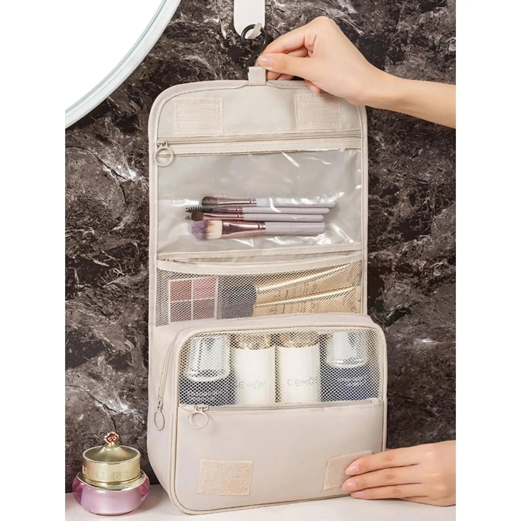 Hanging Toiletry Bag - 1-Piece Polyester Synthetic Solid Large-Capacity Casual Travel Bag with Zip Closure, Multifunctional Cosmetic Storage Solution