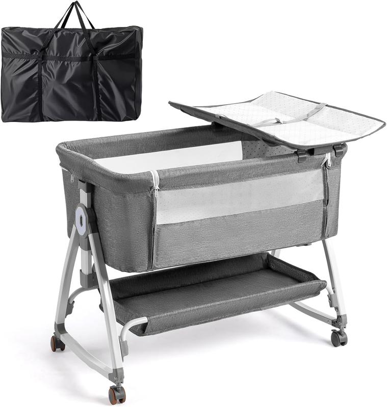 JOYMOR Baby Bassinet with Changing Table, Bedside Bassinet for Baby with Comfy Mattress and Wheels, 6 Height Adjustable Easy Folding Portable Bedside Crib for Newborn (Beige)