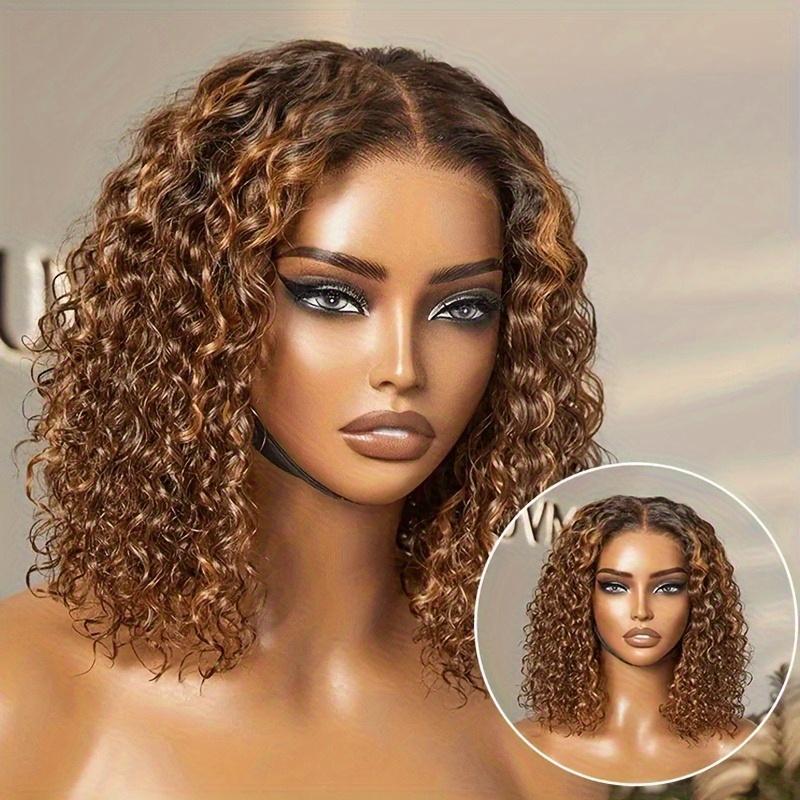 Fashion New Human Hair Bundles Highlight Honey Blonde Curly Bob Wig Human Hair 4/ 27 Ombre Highlight Lace Front Wigs Human Hair 13x4 Lace Short Curly Bob Wig Pre Plucked With Baby Hair 180% Density Wigs For Women