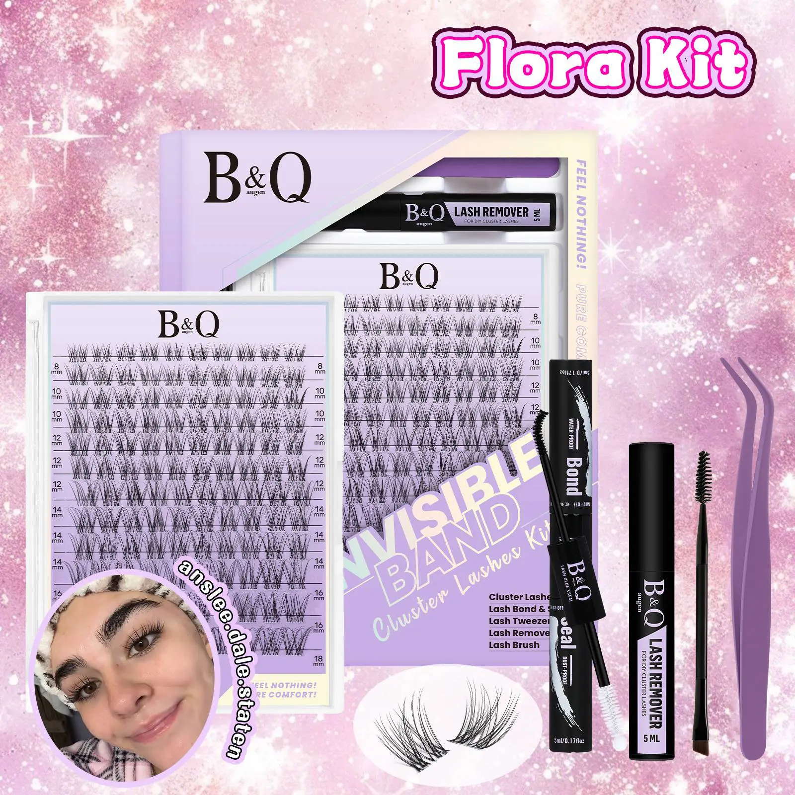 B&Q Flora Lash Cluster Kit with Fibers - Waterproof, Nature-Inspired, Airy Wispy Fluffy Look, Featherlight Feel, C/D Curl, Invisible Band, 8-18mm, Beginner-Friendly Makeup Eyelash Extensions, Beauty Products for At-Home Use #SohoChic,familyfun