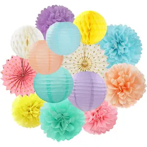 14pcs Boy Girl Kids Birthday Party Decorations Streamers Pink Yellow Blue Paper Lanterns Fan Tissue Pom Poms Honeycomb Balls for Baby Shower Wedding Decor Lasting Surprise