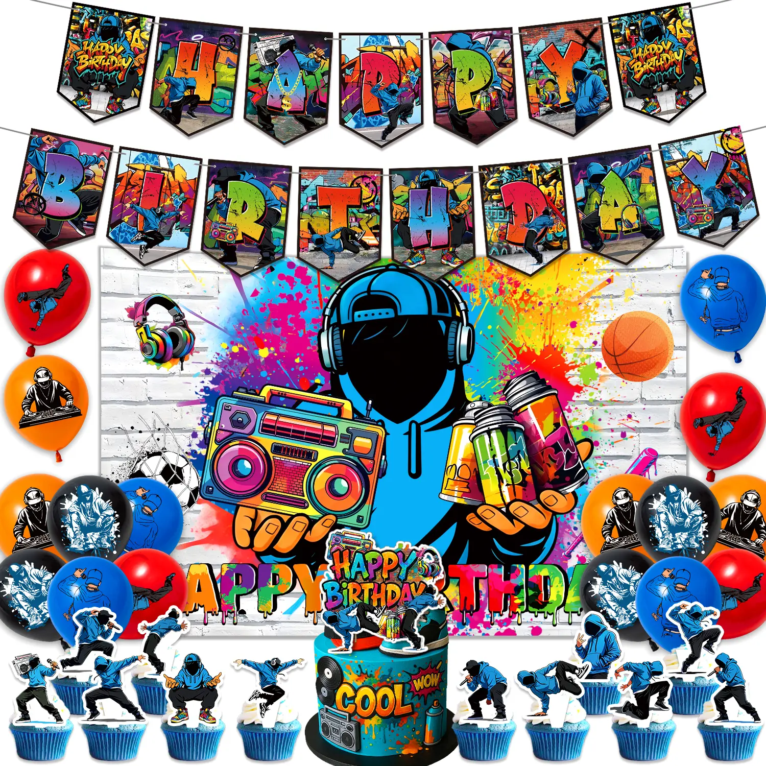 Hip Hop Vibrant Graffiti Spray-Paint Effects Boys' Happy Birthday Decoration Set - Large Complete Street Theme Supplies with Letters, Easy-Install Banner, Cake & Cupcake Toppers, Balloons, 59in x 39in Backdrop, Teens Photo Booth Props