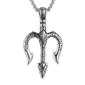 HZMAN Men Vintage Poseidon Trident Necklace, Ancient Greek Mythology Amulet Pendant
