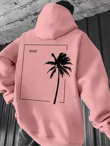 Men's Casual Solid Color Hoodie, Regular Fit Streetwear Long Sleeve Pullover with Drawstring Pockets, Coconut Tree Print