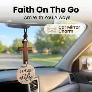 NFC Daily Bible Verse Rearview Mirror Cross Ornament – Daily Scripture Car Charm Hanging Cross for Car with “I Am with You Always” Medallion