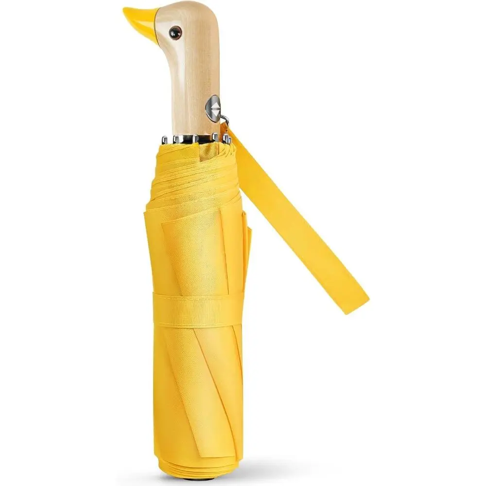 Cute Duck Folding Umbrella for Women and Kids - Lightweight, Windproof Travel Rainwear with a Comfortable Duck Head Handle, Wood, Wrist, Automatic, 13.4 Inches Folded, Waterproof, Wooden, Wrist Strap, Travel Gear, Child, Travel Umbrella