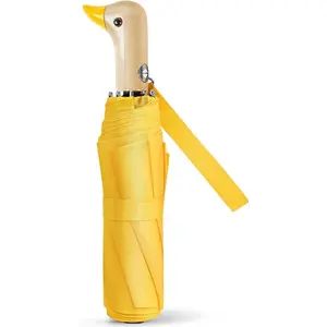 Cute Duck Automatic Compact Pretty Pocket Size Strong Collapsible Umbrella With Yellow Wooden Handle For Women