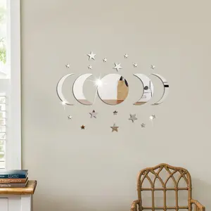 Star & Moon Pattern Mirror Decorative Wall Tiles Sticker, 1 Set Self Adhesive Wall Decor, Decor Sticker for Home Bedroom Living Room, Wall Decal