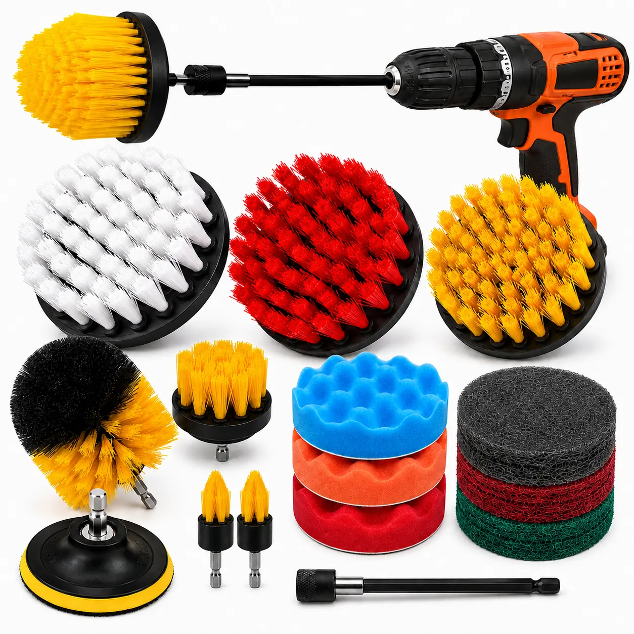 22Pcs Drill Brush Attachment Kit for Electric Drill - Durable Multi-Surface Brushes for Car Interiors Upholstery Carpets Bathroom Tiles & Grout Cleaning