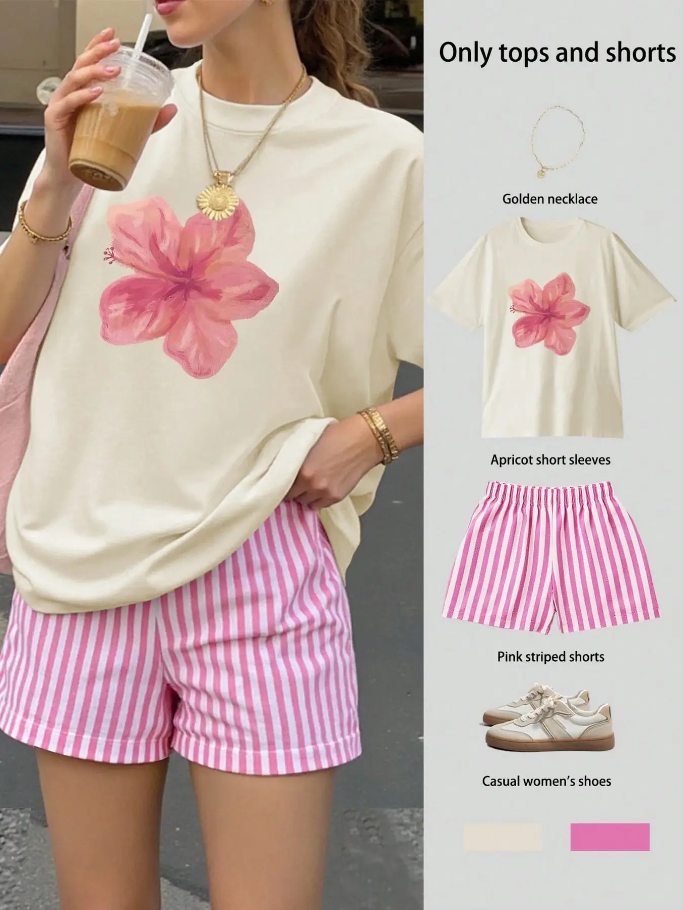 Trending Y2K Aesthetic Apricot Hibiscus Graphic T-Shirt & Pink Striped Casual Shorts Set, Summer Beach Vacation Outfit, Soft Cotton Blend, Loose Fit for Women, Round neck, TikTok Viral Fashion, Coquette Style, Daily Casual Wear, Streetwear, Vacation