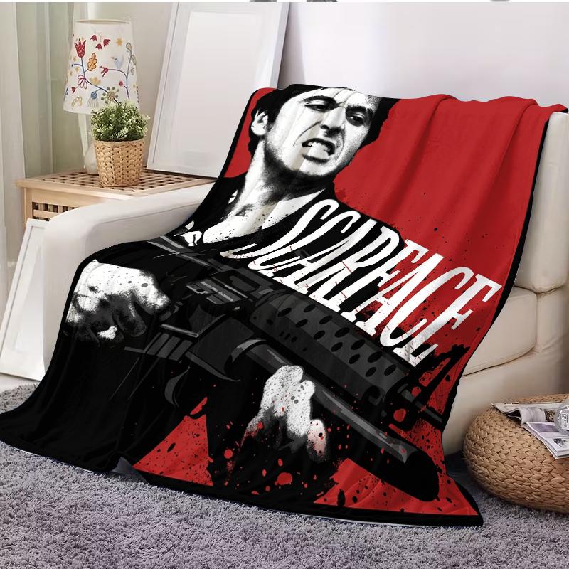 Scarface Tony Montana Fleece Throw Blanket, Al Pacino Classic Gangster Movie Graphic Plush Blanket, Red Black Splash Print, Cozy Soft Blanket For Movie Fans Couch Bed Home Decor