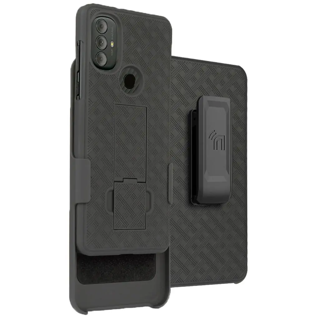 Case with Clip for Moto G Power (2022), Nakedcellphone Slim Hard Shell Phone Cover with Kickstand and [Rotating/Ratchet] Belt Hip Holster Combination - Black Tread